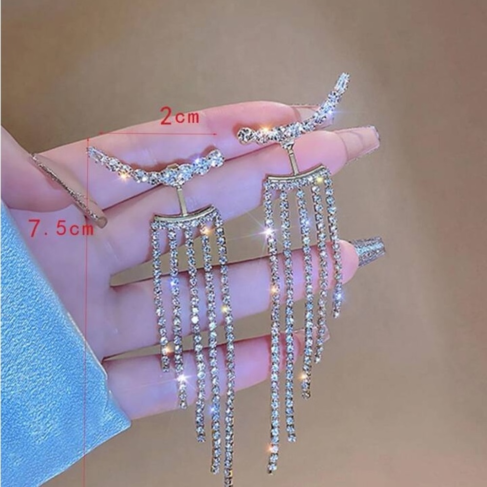 NEW! Rhinestone tassel drop earrings silver - Picture 2 of 4